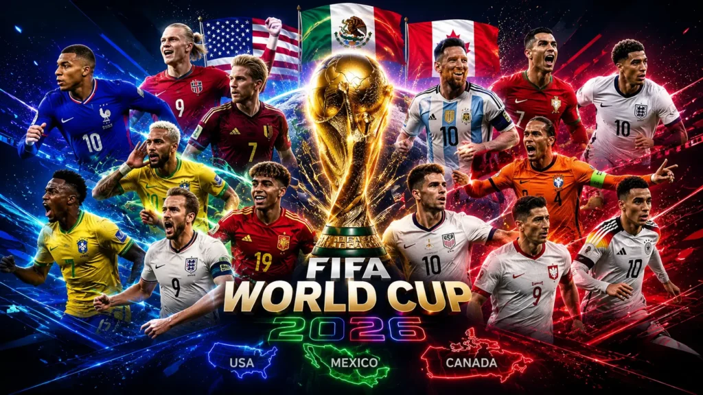 Poster promosi FIFA World Cup 2026 dengan trofi Piala Dunia dan pemain dari berbagai negara unggulan sepak bola dunia.