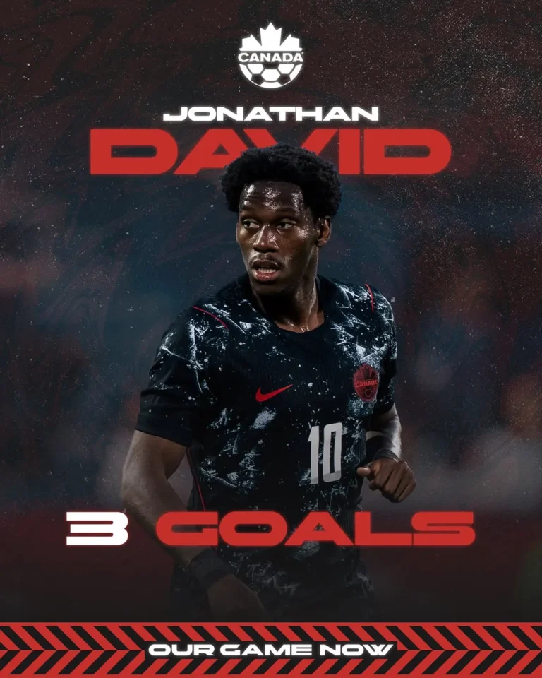 Jonathan David merayakan hattrick untuk Kanada saat melawan Qatar di Piala Dunia 2026